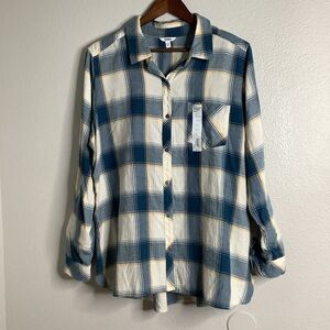 Blue and Cream Plaid Button-Up Shirt